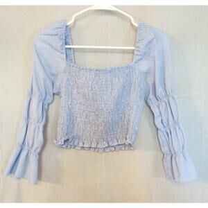 Storia Women's Blue Striped Stretch Crop Top w/Puff & Stretch Sleeves Size S